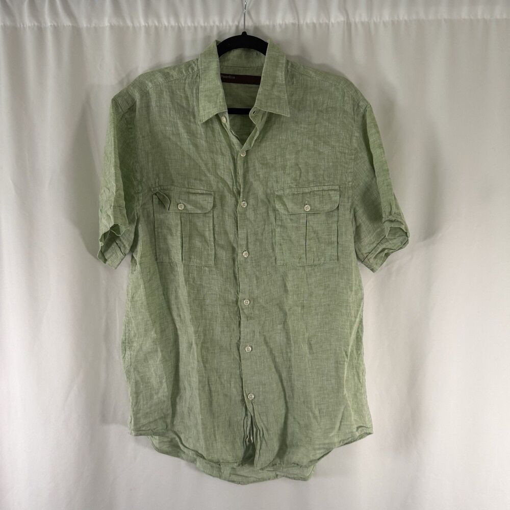 Perry Ellis 100% Linen Button Down Shirt Men's Medium Green Short Sleeve Collare